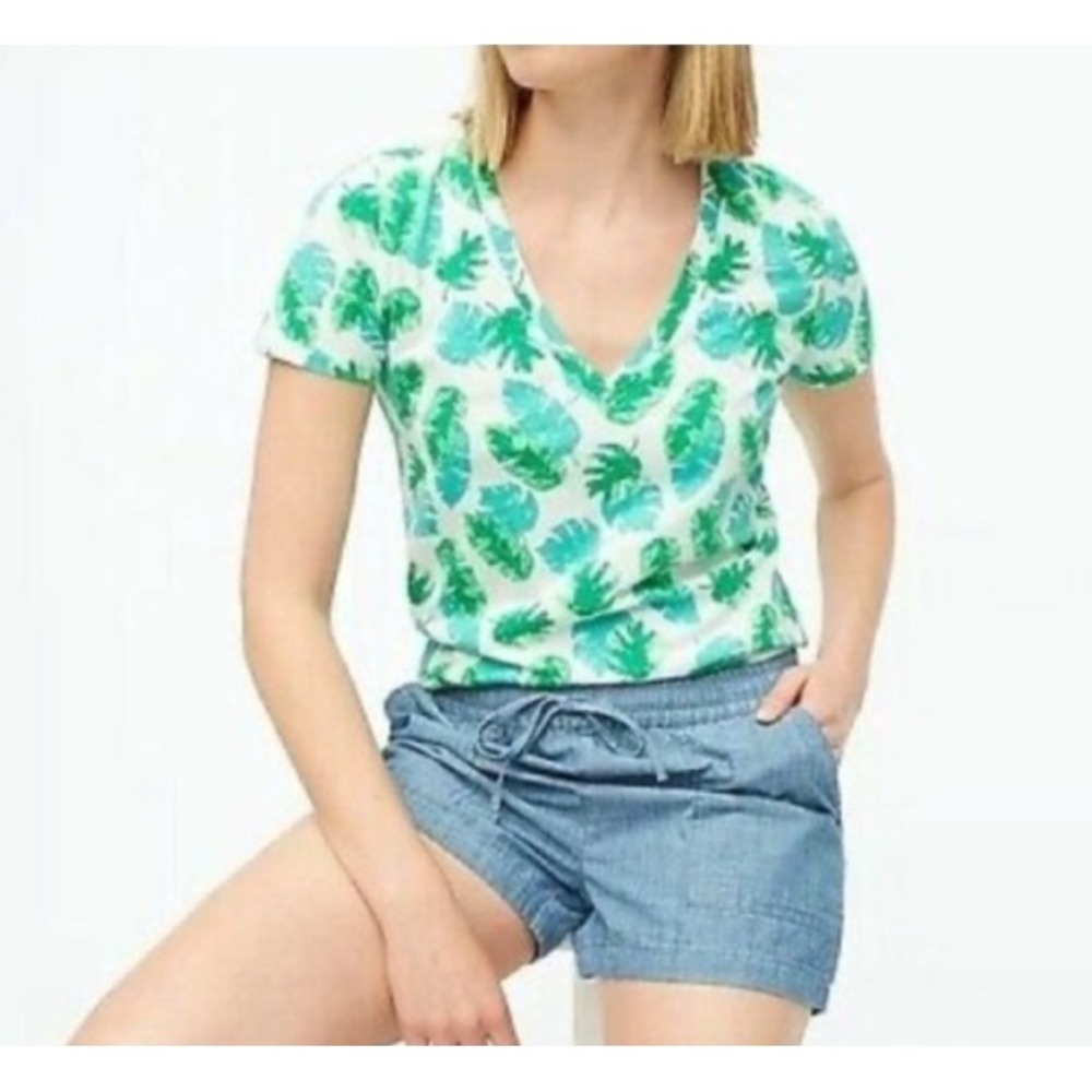 J.Crew‎ Women T-Shirt Size Medium Palm Leaf Tree Short Sleeve V-neck Lightweight